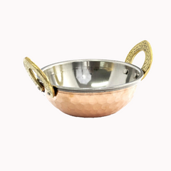 Copper Bowl Kadai Brass Handles 130mm S/s Lined